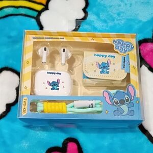 Happy Day Stitch Wireless Earbuds Set in White, Blue & Yellow